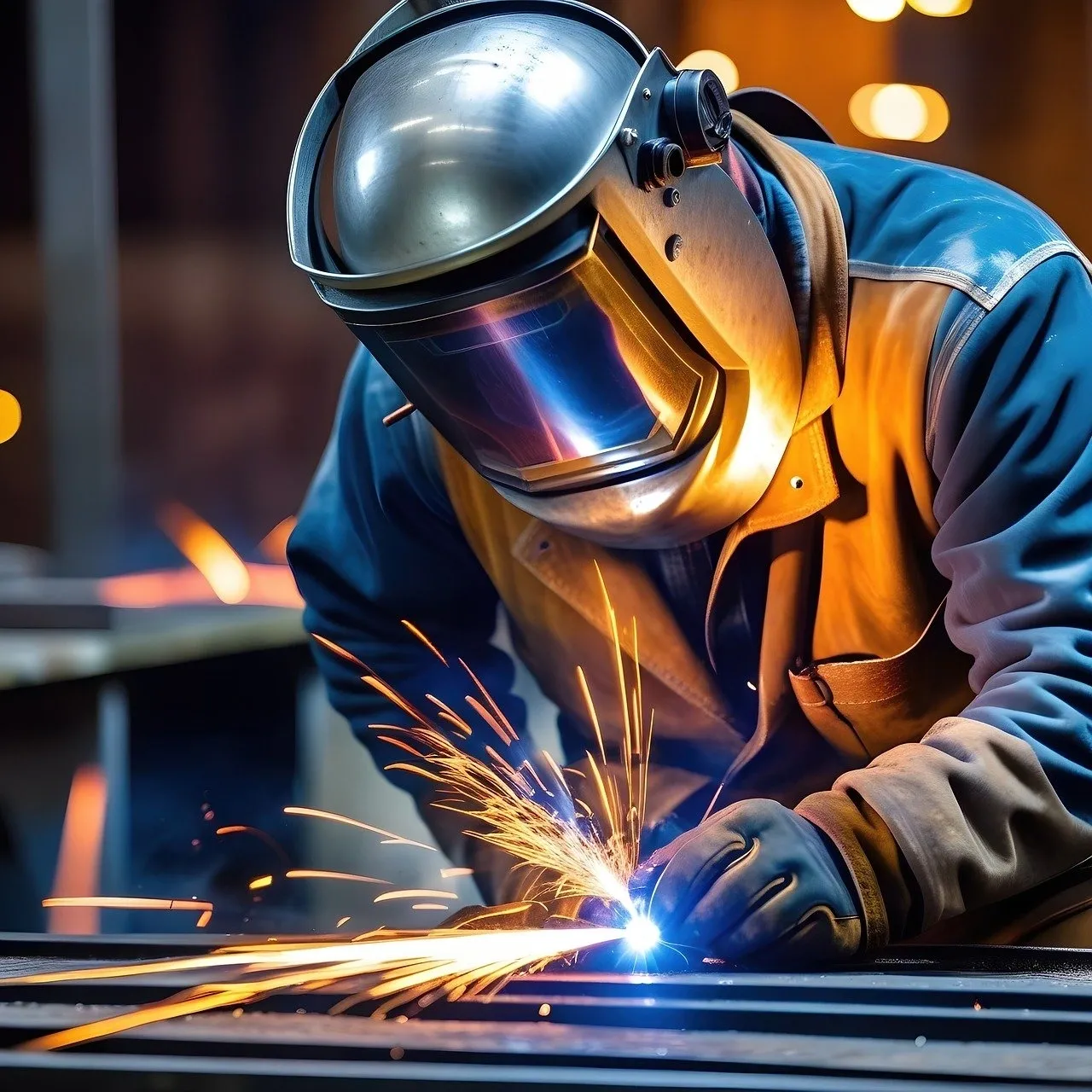 A man welding metal with an electric arc.